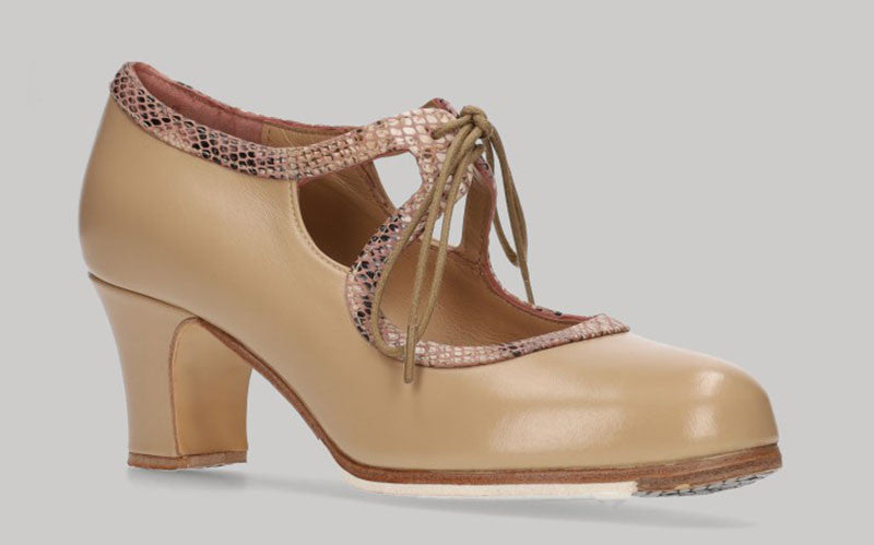 Zapato de Baile Flamenco Profesional Piel Beige y Fantasía Con Cordones