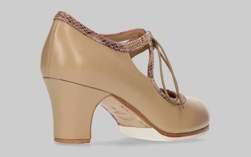 Zapato de Baile Flamenco Profesional Piel Beige y Fantasía Con Cordones
