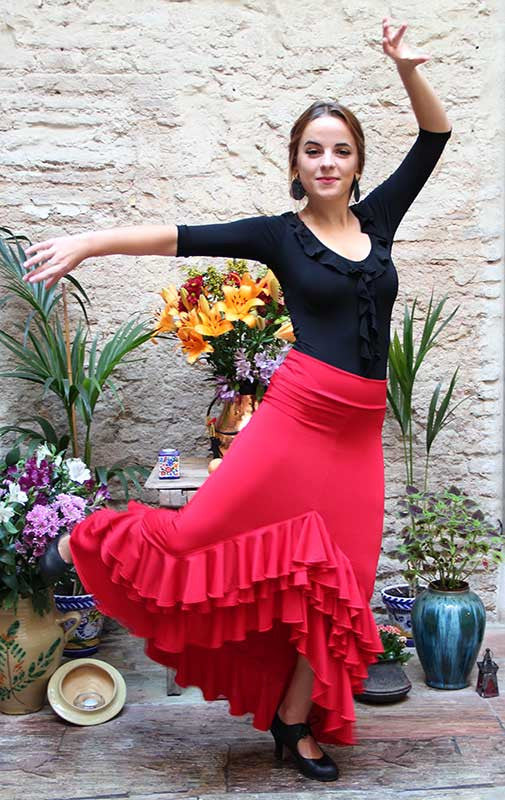 Jupe de flamenco rouge à 3 volants, ajustée aux hanches