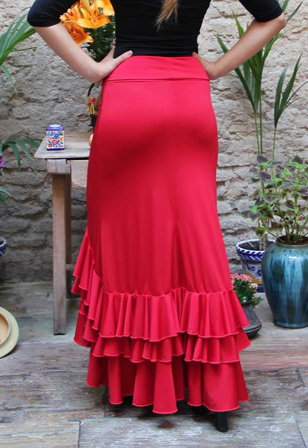 Jupe de flamenco rouge à 3 volants, ajustée aux hanches