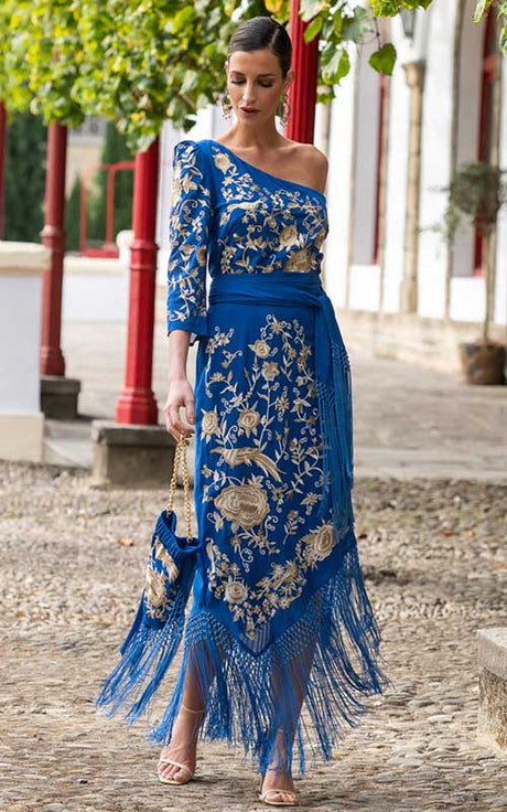 Jupe Solera bleue brodée de fleurs et d'oiseaux en châle