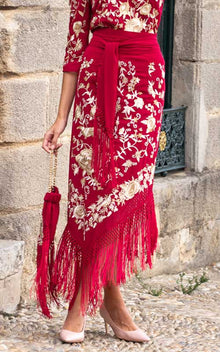 Jupe Solera bordeaux brodée de fleurs et d'oiseaux châles