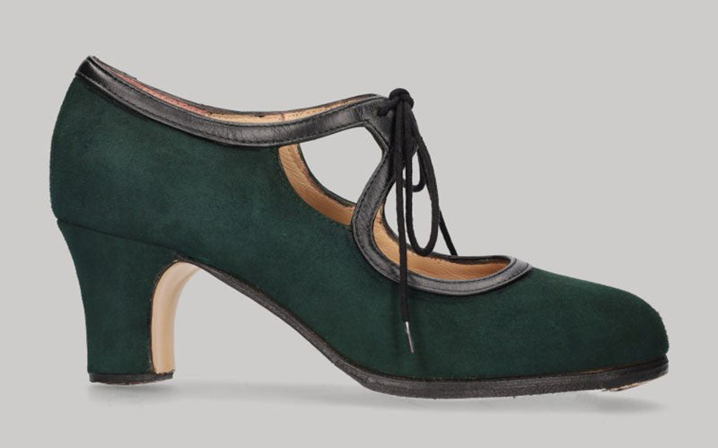 Chaussure de danse flamenco professionnelle en daim vert bouteille avec lacets