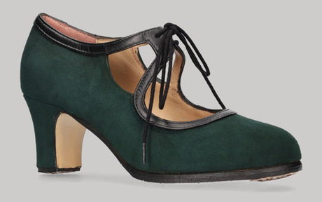 Zapato de Baile Flamenco Profesional Ante Verde Botella Con Cordones