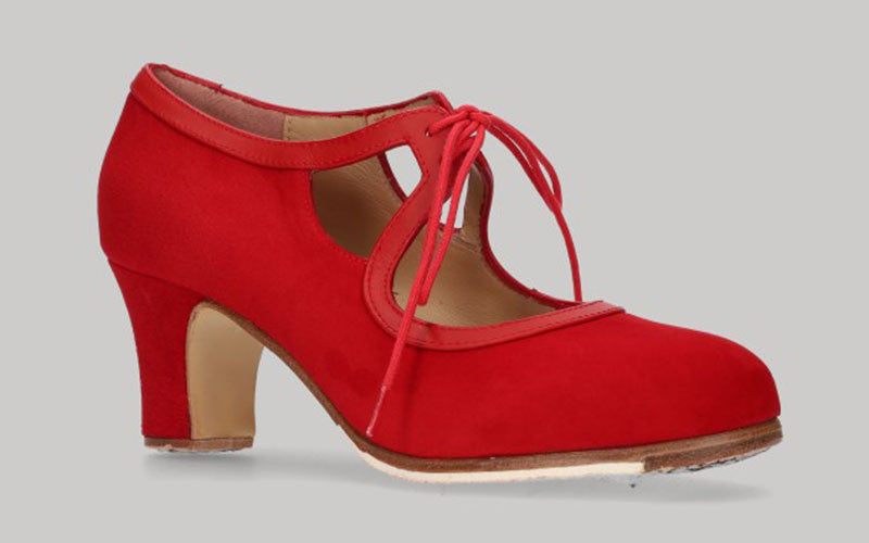 Zapato de Baile Flamenco Profesional Ante Rojo Con Cordones