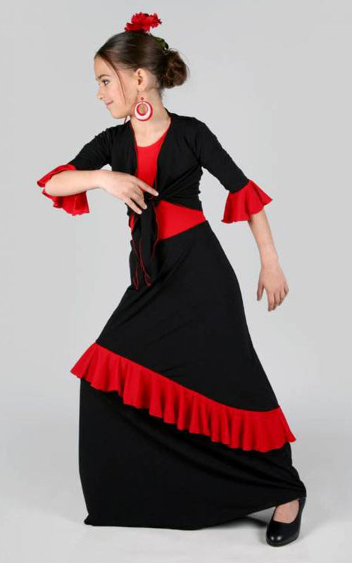 Jupe de flamenco noire pour fille avec volants inclinés rouges