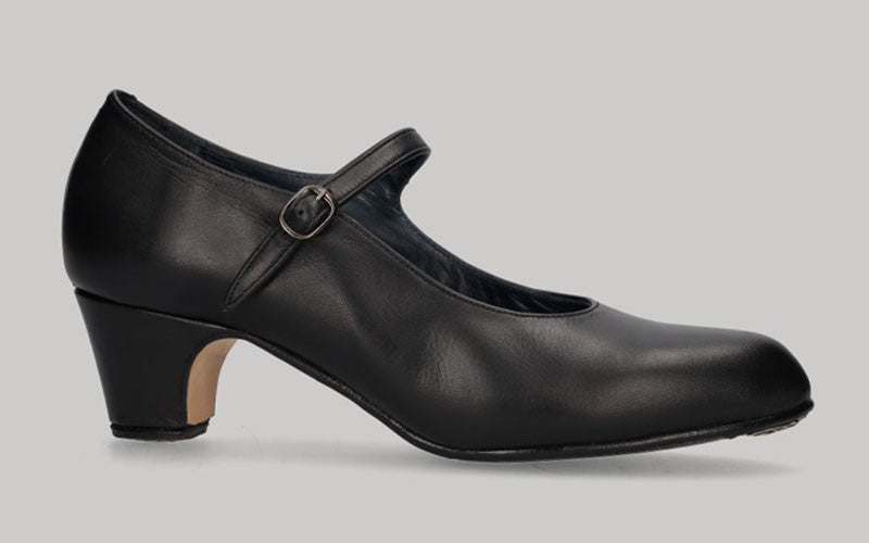 Chaussure de danse flamenco semi-professionnelle, cuir noir, talon bas