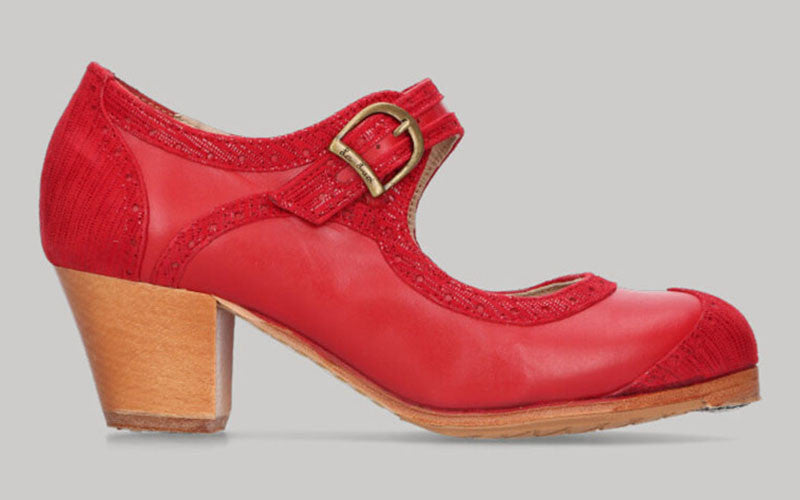 Chaussure de danse flamenco professionnelle combinée cuir rouge et fantaisie avec talon cubain