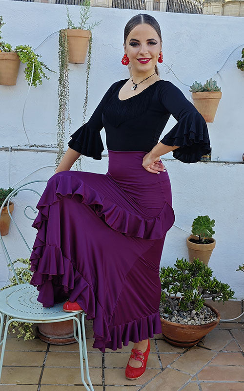 Jupe flamenco aubergine à volants en diagonale