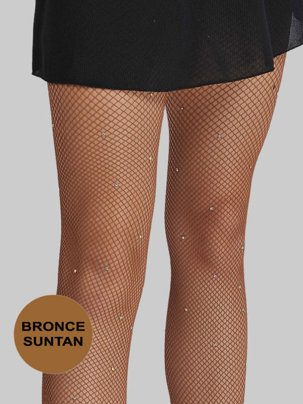 Bronze-colored fishnet elastic stocking with rhinestones and insole.