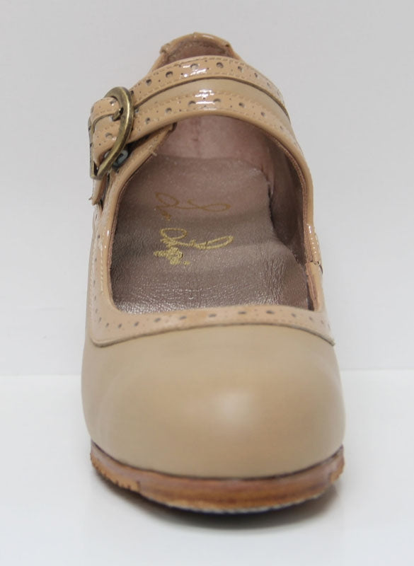 Chaussure de danse flamenco professionnelle en cuir beige et cuir verni