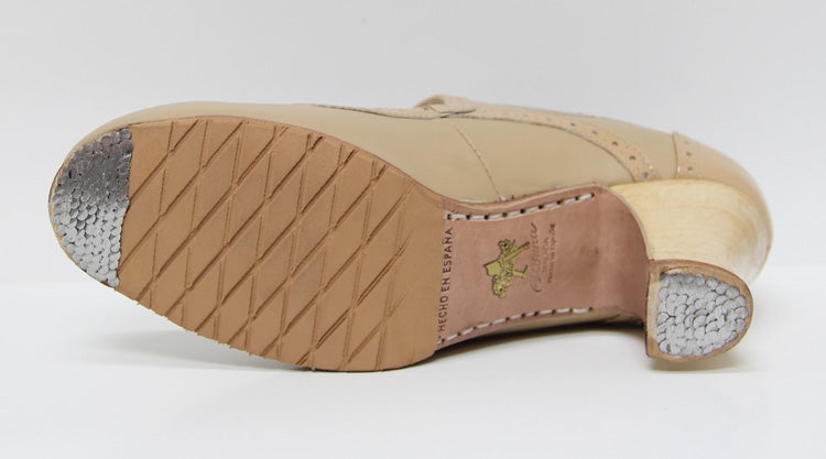 Chaussure de danse flamenco professionnelle en cuir beige et cuir verni