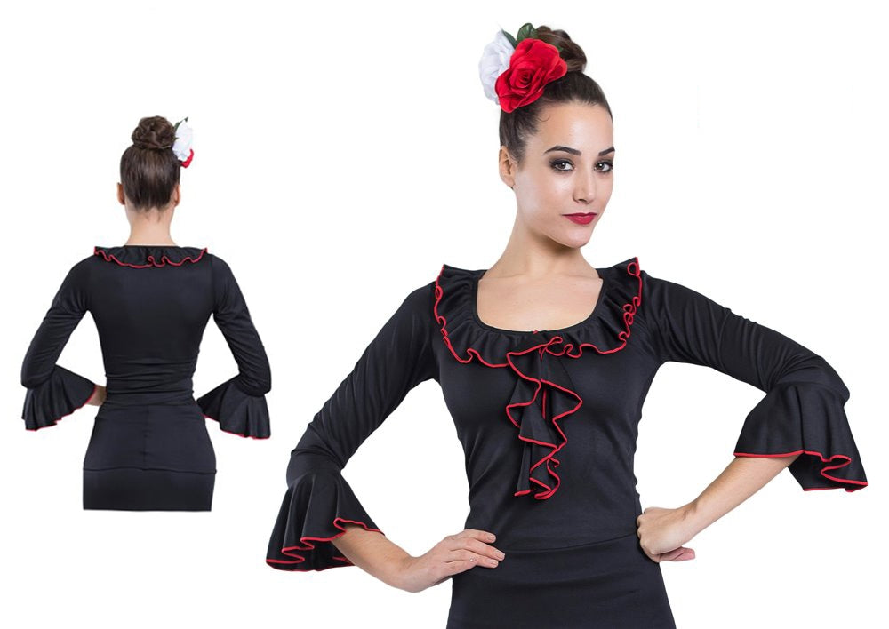Black Flamenco Top with Ruffle and Red Trim on Ruffles