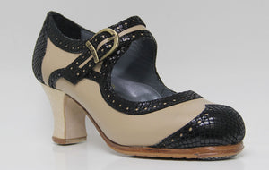 Chaussure de danse flamenco professionnelle en cuir beige et noir