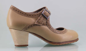 Chaussure de danse flamenco professionnelle en cuir beige et fantaisie