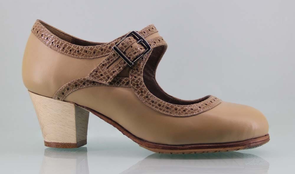 Chaussure de danse flamenco professionnelle en cuir beige et fantaisie