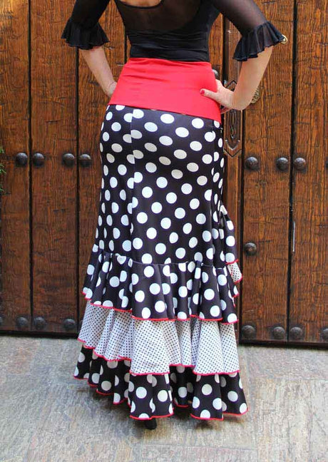 Black Flamenco Skirt with Polka Dots and Ruffles