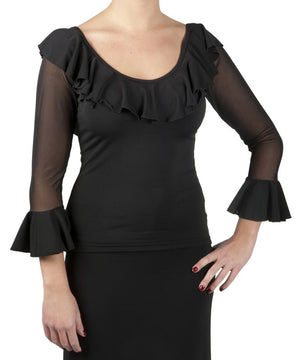 Black Flamenco Top with Tulle Sleeves