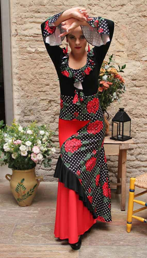 Jupe de flamenco combinée à fleurs et à pois