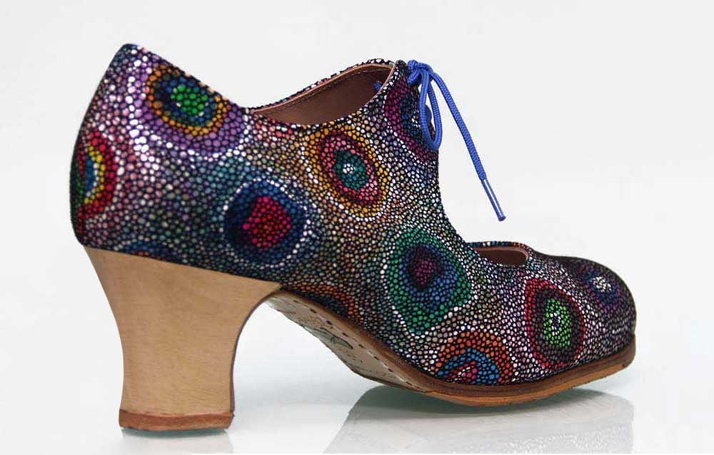 Professional flamenco dance shoe, multicolored fantasy