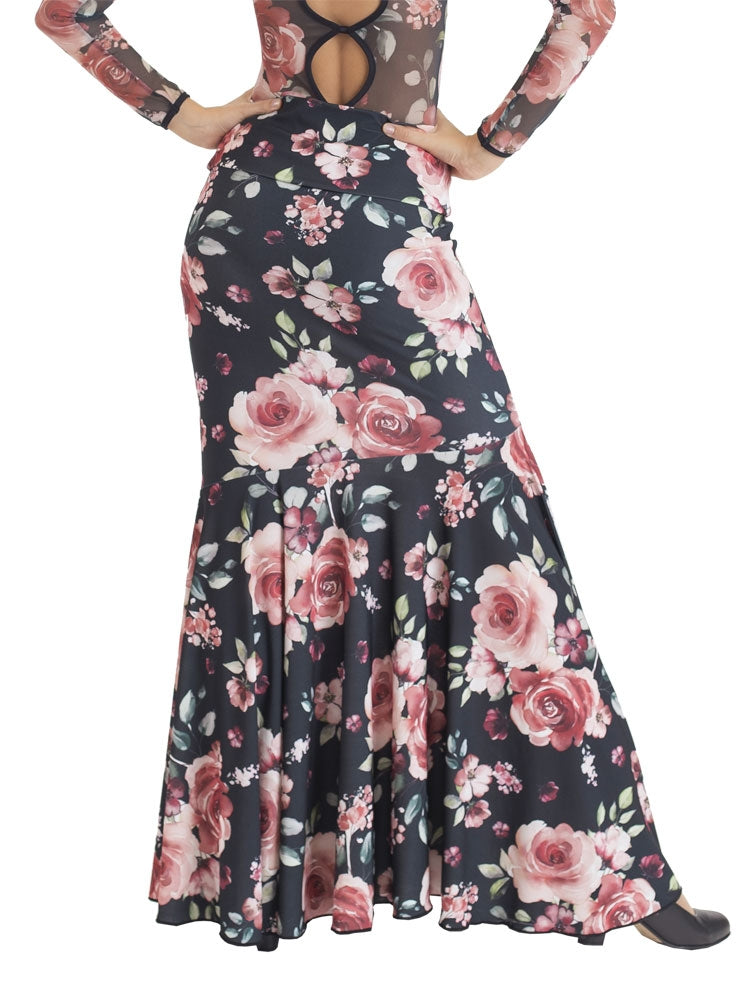 Pink Floral Fitted Flamenco Skirt