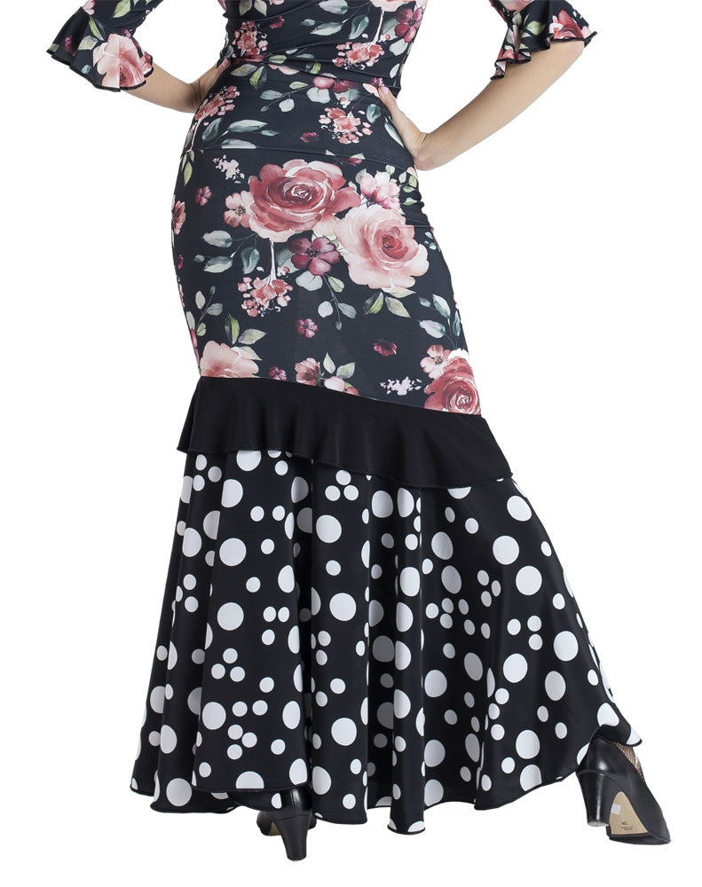 Black Flamenco Skirt with Flowers and Polka Dots