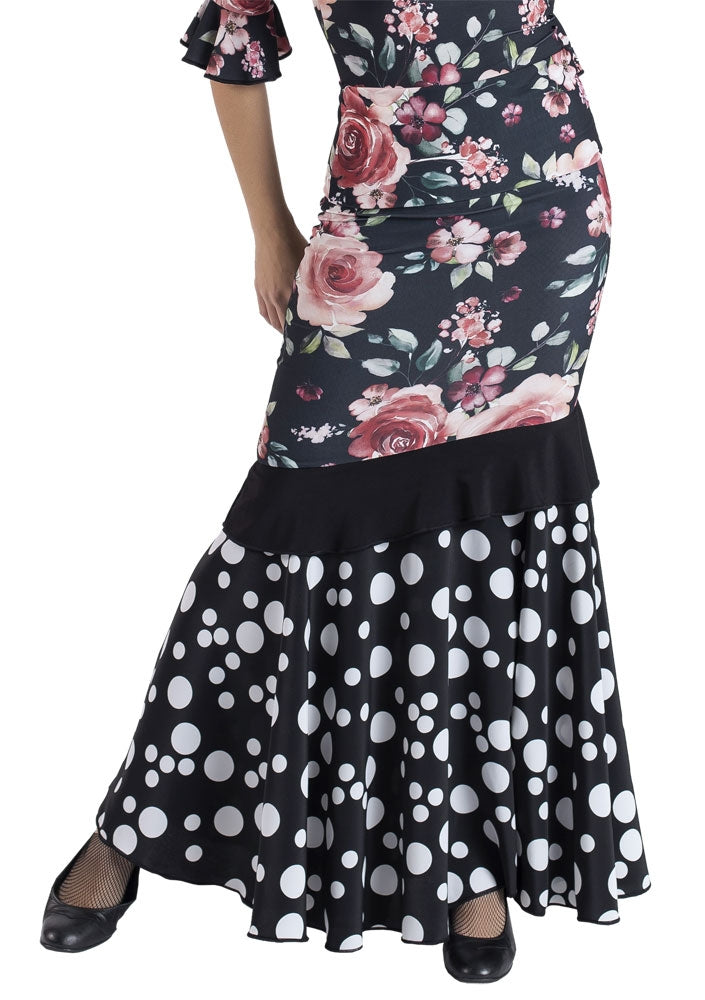 Black Flamenco Skirt with Flowers and Polka Dots
