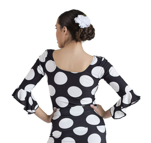 Black Flamenco Top with White Polka Dots