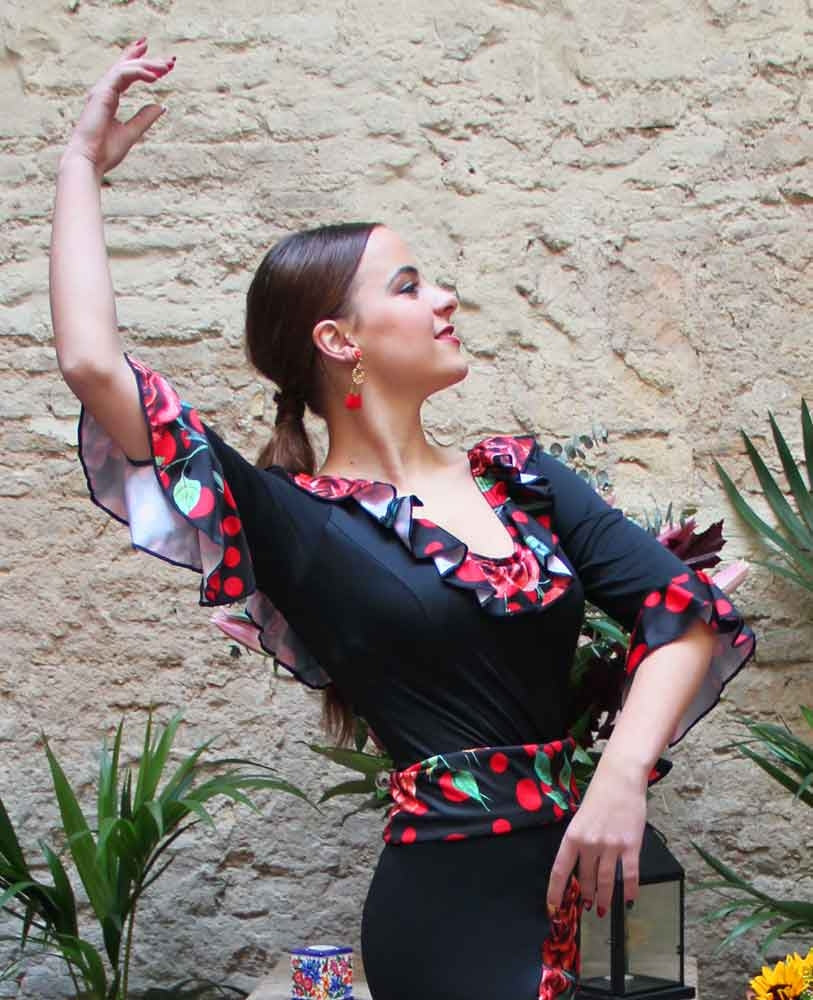 Black Flamenco Top with Printed Ruffles.