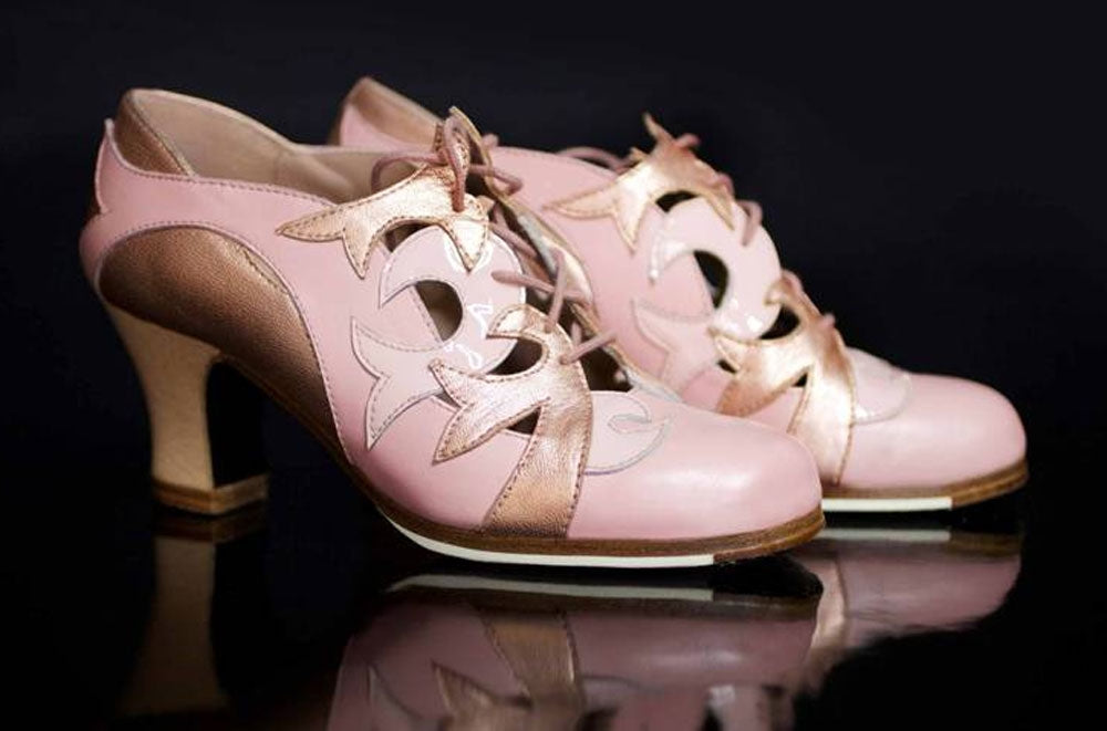 Chaussure de danse flamenco professionnelle rose/dorée à lacets
