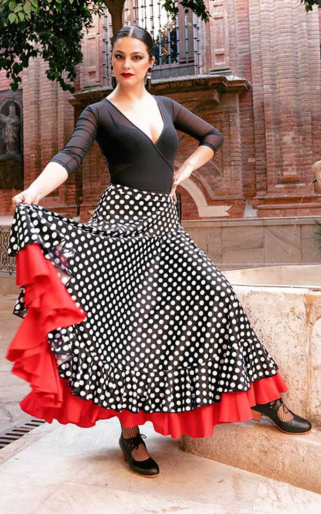 Falda flamenco negra con lunares blanco y volante rojo