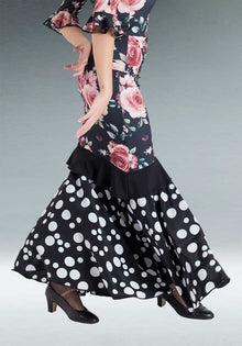 Black Flamenco Skirt with Flowers and Polka Dots
