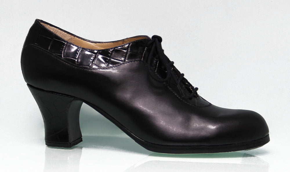 Chaussure de danse flamenco professionnelle avec brides à la cheville, combinée en cuir noir et noix de coco