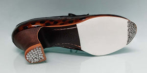 Chaussure de danse flamenco professionnelle en cuir verni nacré marron et daim noir