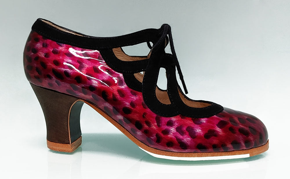 Chaussure de danse flamenco professionnelle en cuir verni nacré bordeaux et daim noir