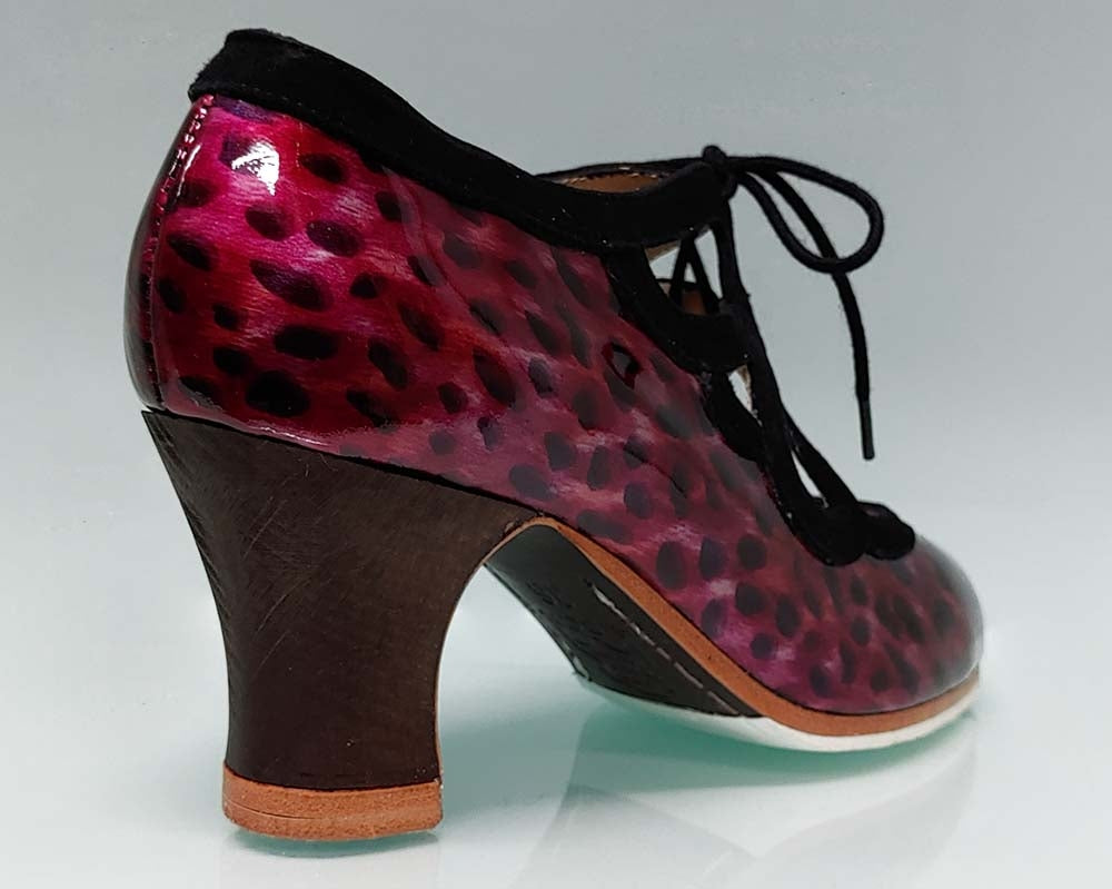Chaussure de danse flamenco professionnelle en cuir verni nacré bordeaux et daim noir