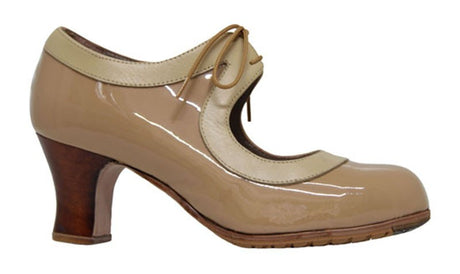 Zapato de baile flamenco  profesional charol beige y piel beige