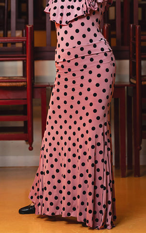 Falda flamenco Mirabel rosa con estampado de lunares flocados negros