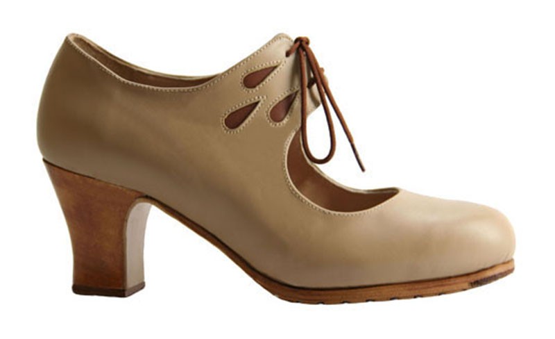 Zapato de baile flamenco profesional piel beige y lágrimas marrón