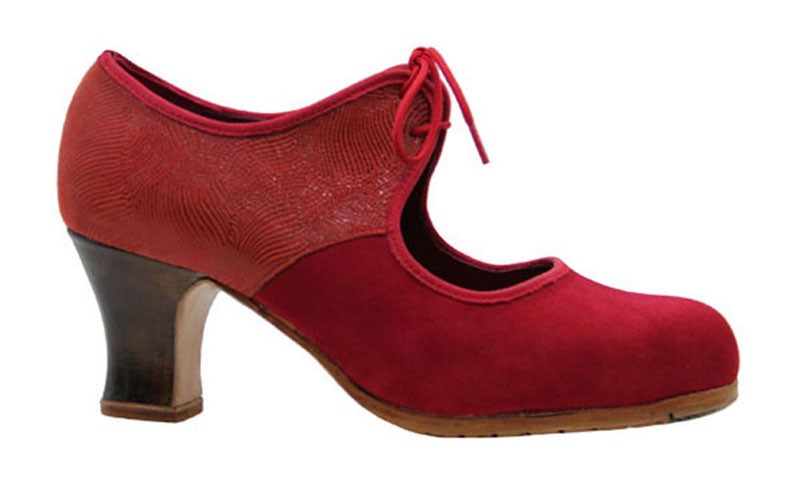Professional flamenco dance shoe in red suede and fantasy