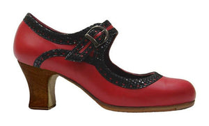 Zapato de baile flamenco profesional piel rojo y fantasía negro
