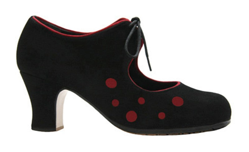 Chaussure de danse flamenco professionnelle en daim noir et daim rouge à pois