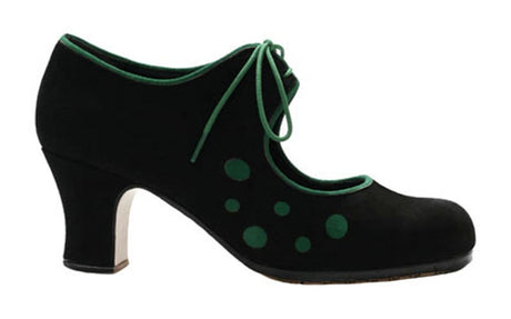 Zapato de baile flamenco profesional ante negro y lunares ante verde