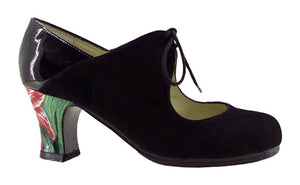 Chaussure de danse flamenco professionnelle en daim noir et cuir verni