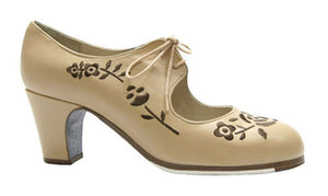 Chaussure de danse flamenco professionnelle en cuir beige brodé