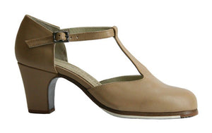 Chaussure de danse flamenco professionnelle en cuir beige (maquillage) avec boucle