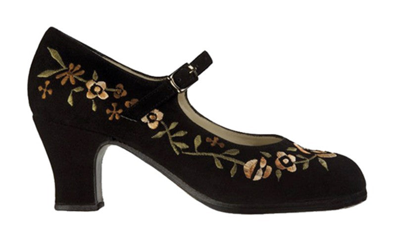Chaussure de danse flamenco professionnelle en daim noir brodé
