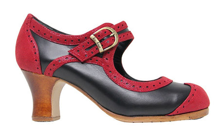 Zapato de Baile Flamenco Profesional Combinado Piel Negro y Rojo