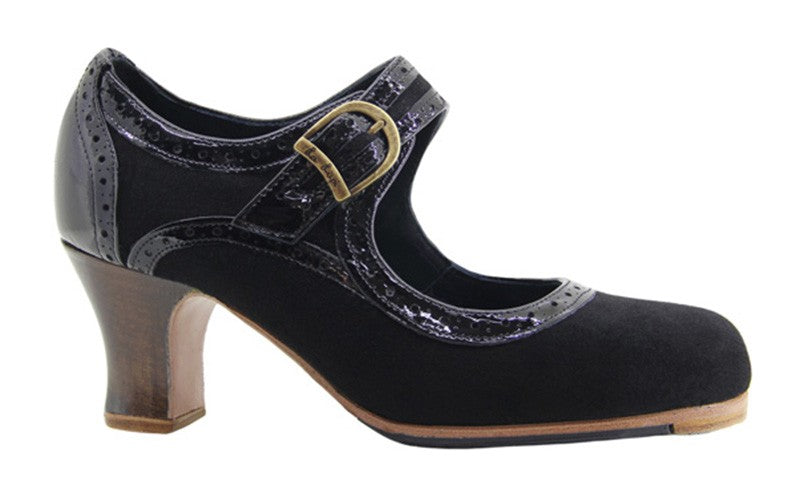Chaussure de danse flamenco professionnelle en daim noir et cuir verni