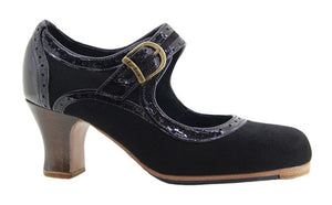 Chaussure de danse flamenco professionnelle en daim noir et cuir verni